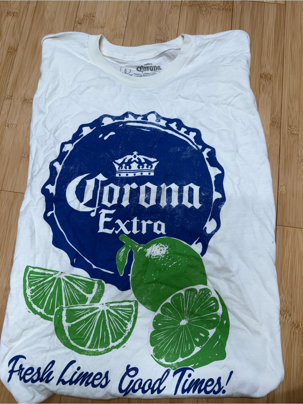 Corona White T-Shirt with Blue Logo and Green Accent